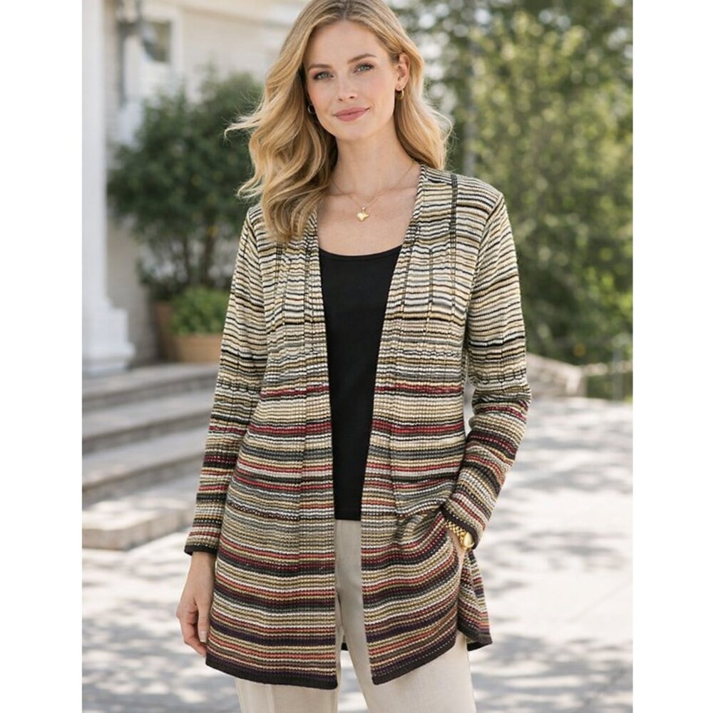 NIC+ZOE Striped Cardigan Longline Linen Blend Crochet Trim Open Front size L
